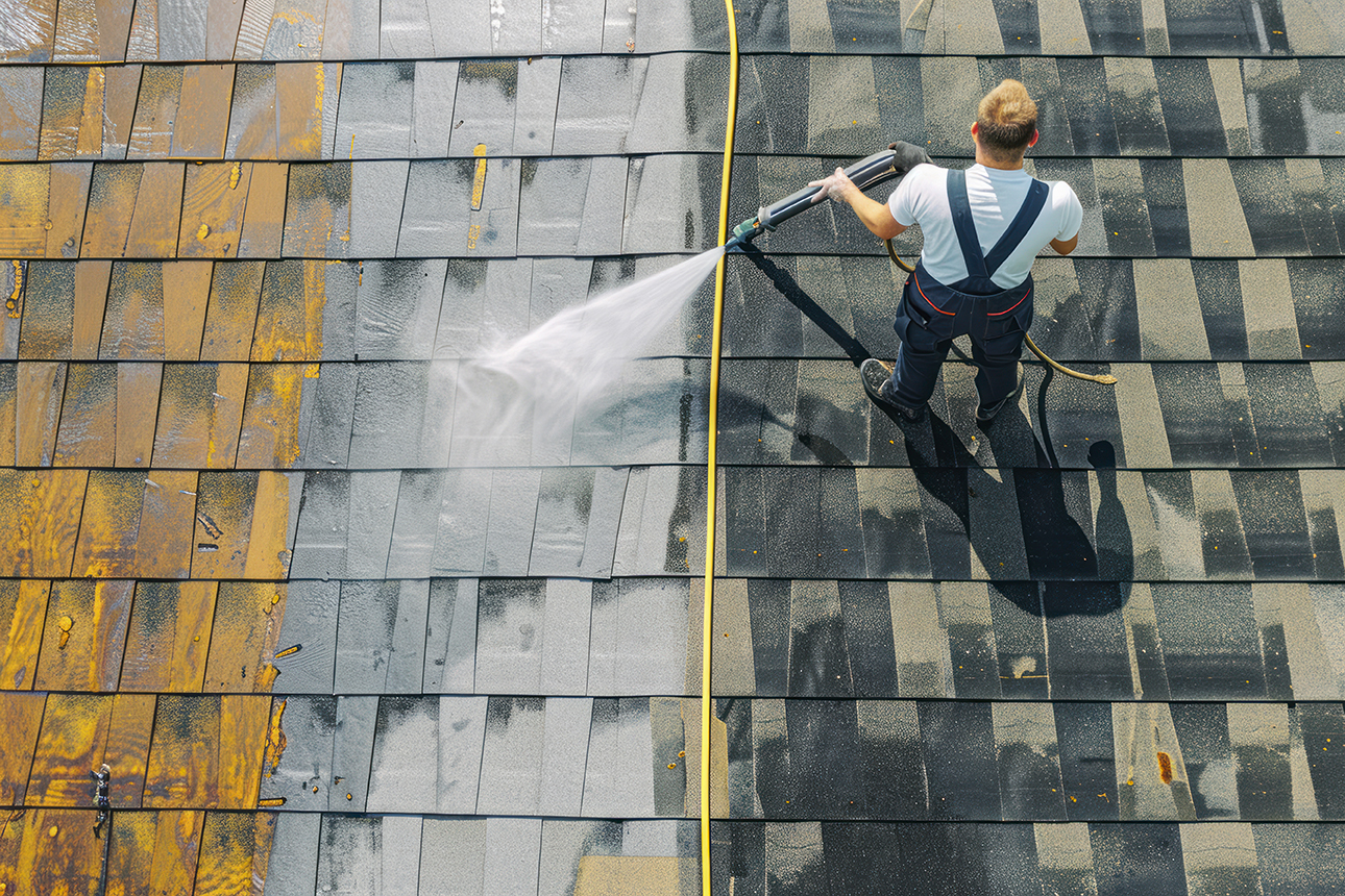State of roof before and after washing with high pressure. Professional is wearing uniform and using equipment for cleaning.