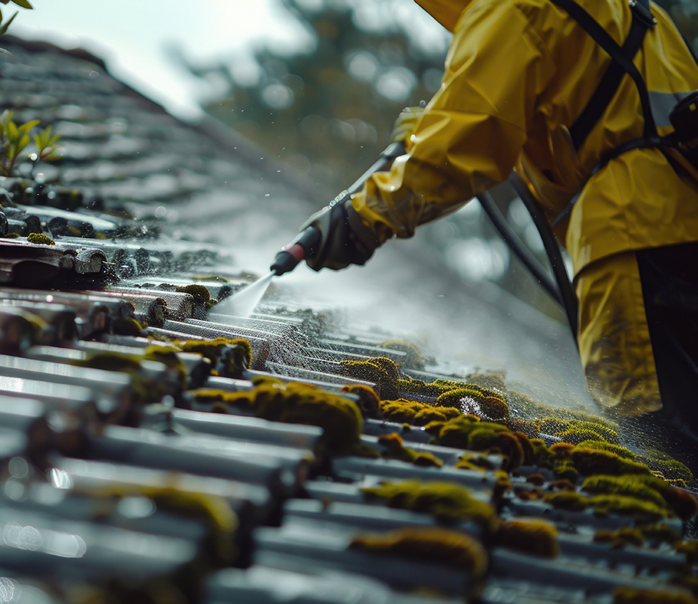 A person in a bright yellow raincoat and pants is spraying water on a rooftop