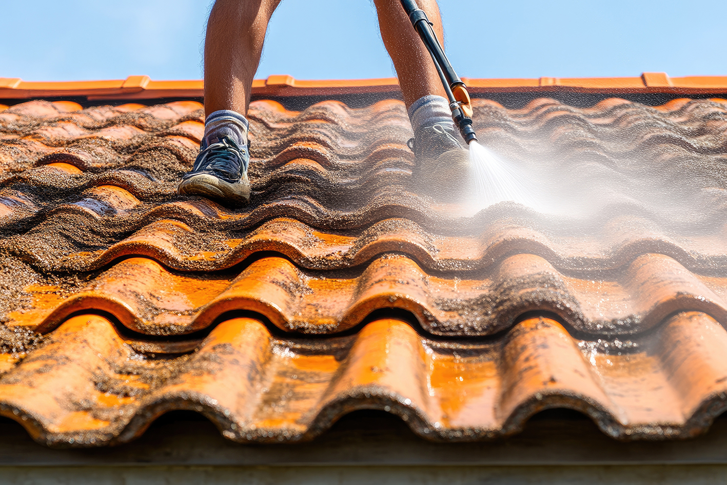 Person Power Washing Roof Tiles with Safety Harness