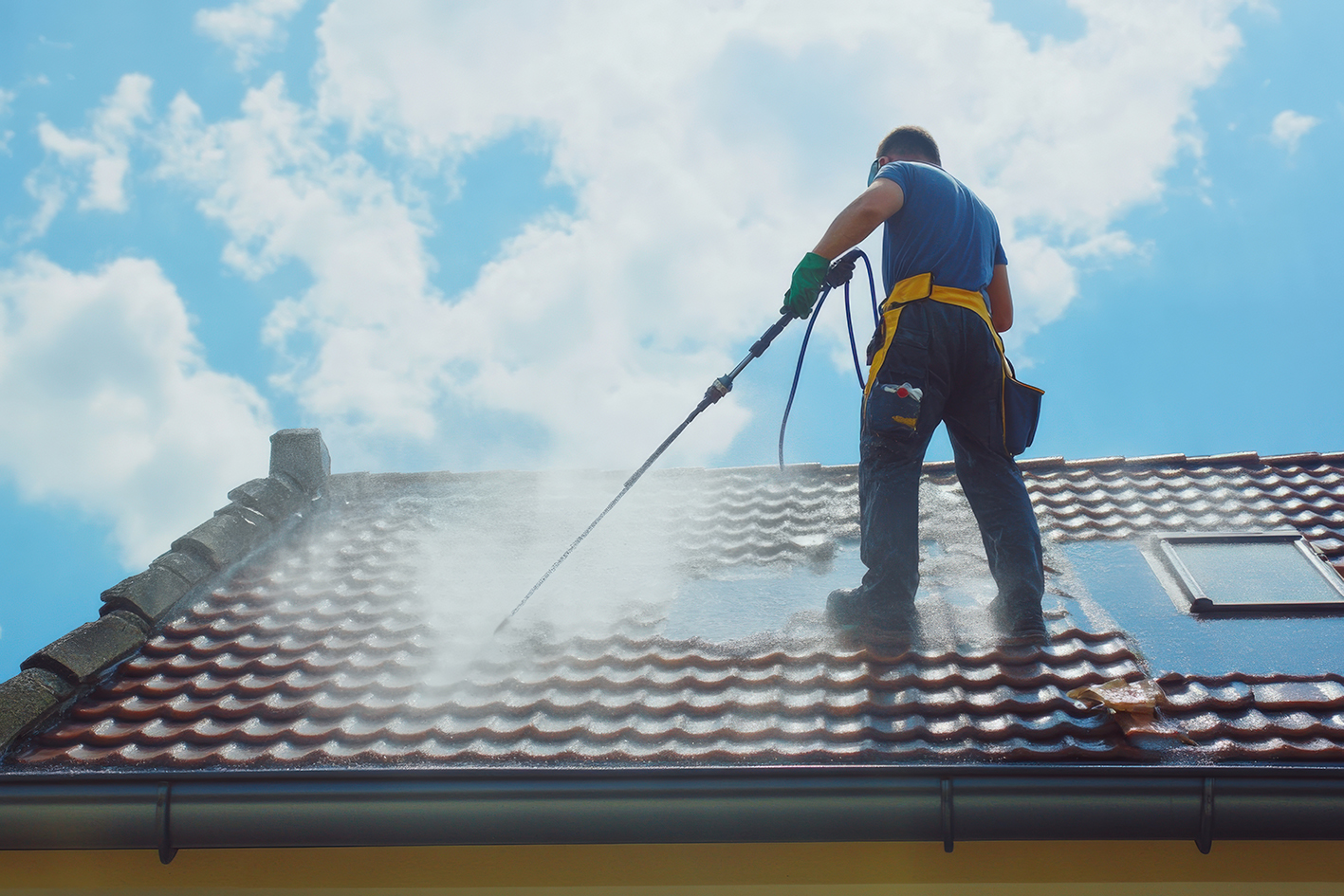 Man cleaning a weathered tile roof. Blue sky, High pressure cleaning. outdoor. Created by ai